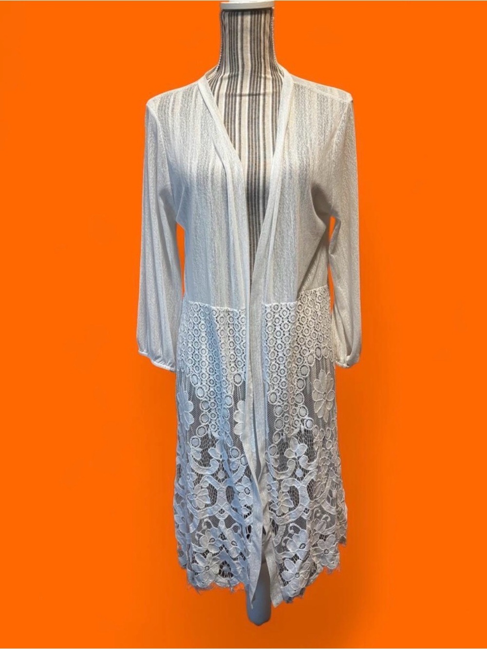 Boho lace and sheer long sleeve long line style open front duster / cardigan